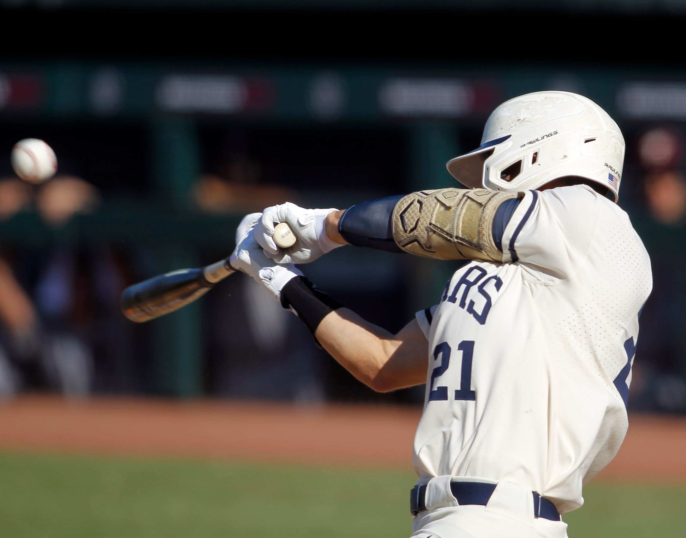 Flower Mound outfielder Sam Erickson (21) bats during the top of the 6th inning of play...