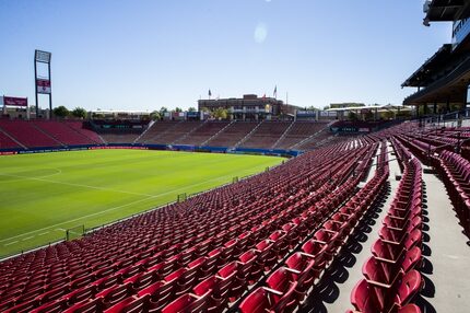 This shows the previous view of the south end of Toyota Stadium with the entrance gates and...