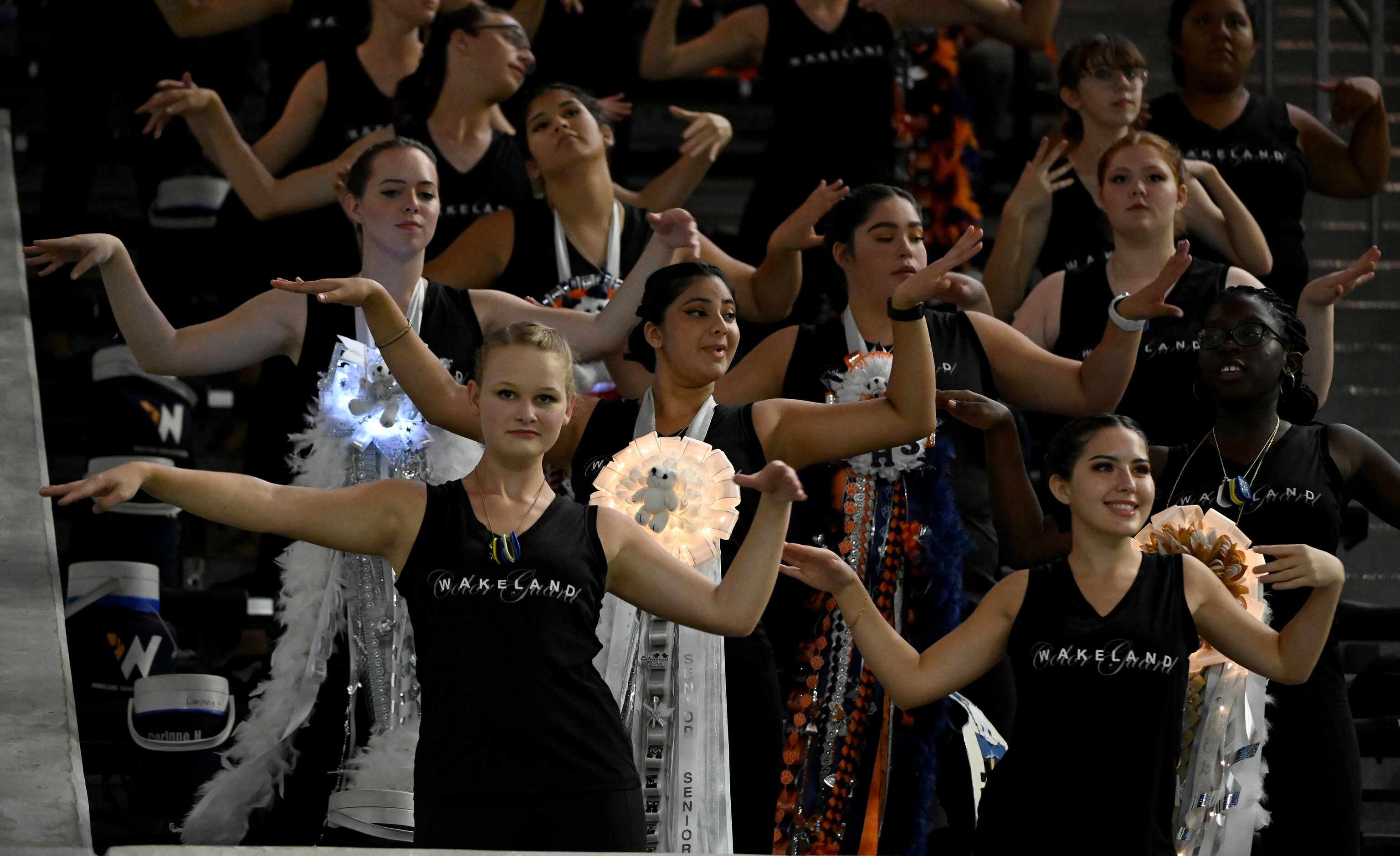 The Frisco Wakeland Color Guard perform in the stands in the first half of a high school...