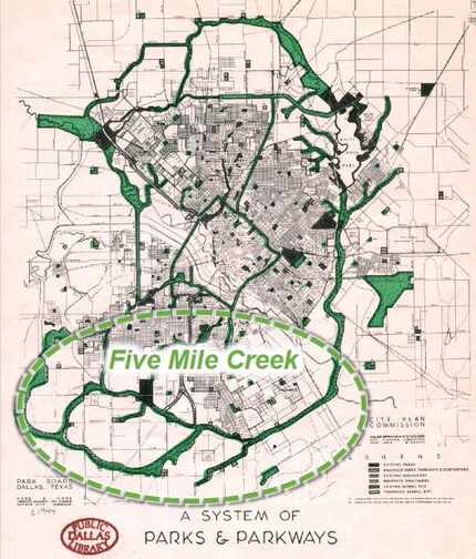 A 1944 map of the Five Mile Creek Greenbelt.