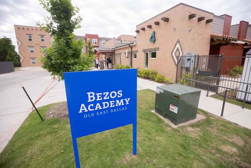 The front of Bezos Academy at the Kiva East affordable housing complex is shown on Thursday,...