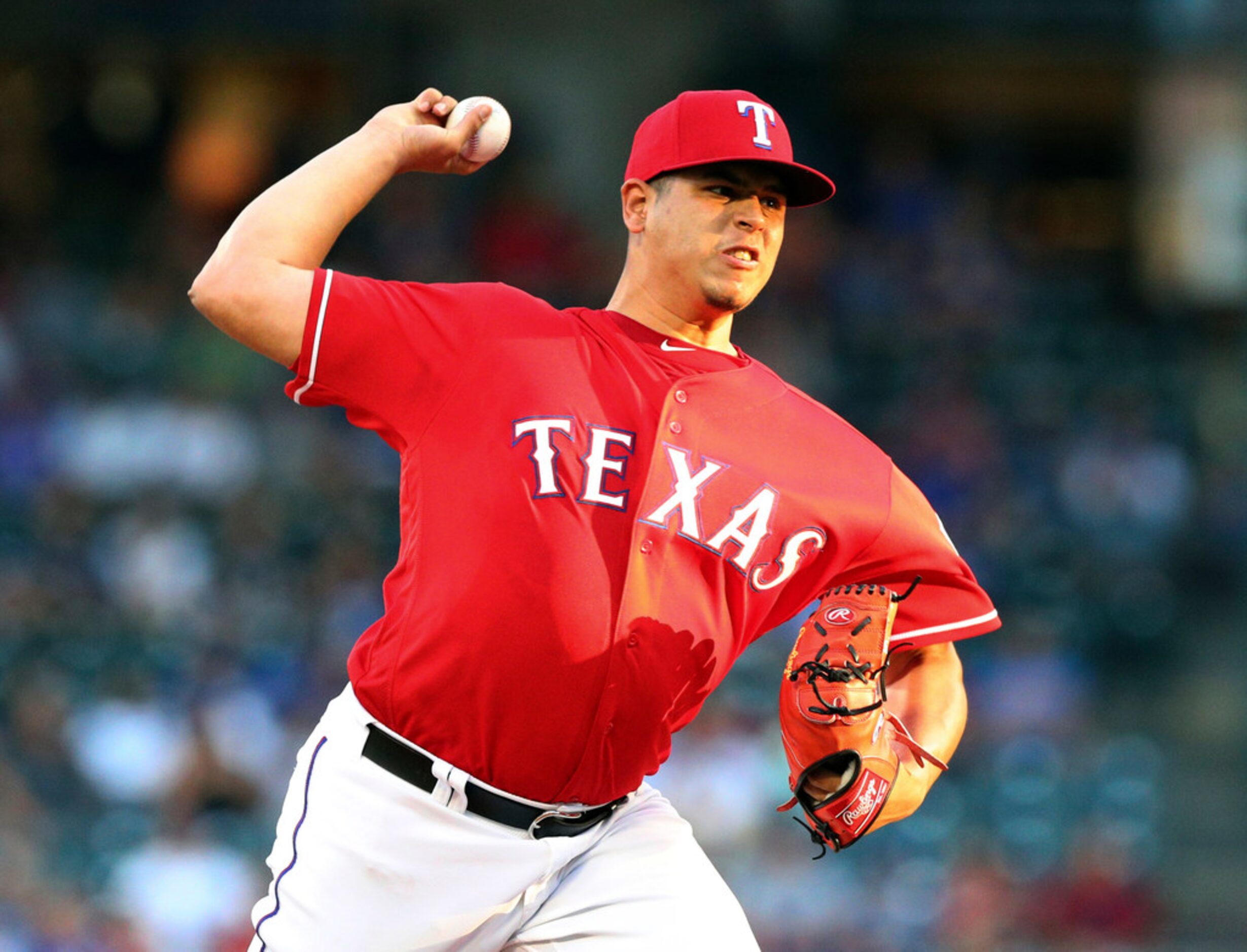 Texas Rangers starting pitcher Ariel Jurado (57) delivers a pitch against the Los Angeles...