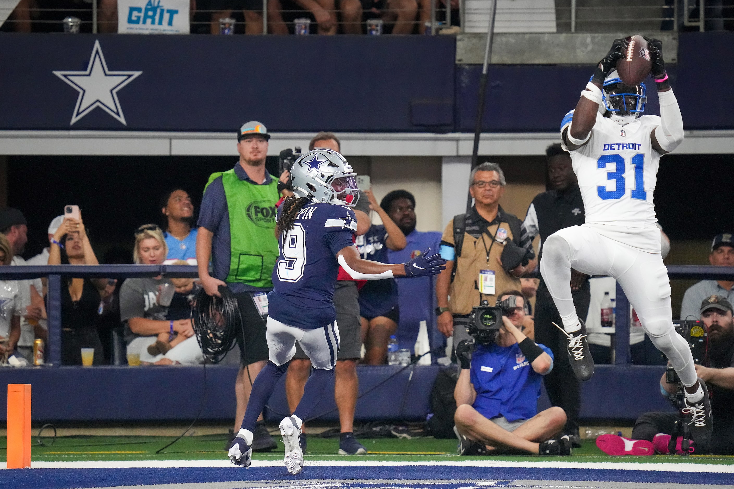 Detroit Lions safety Kerby Joseph (31) intercepts a pass intended for Dallas Cowboys wide...