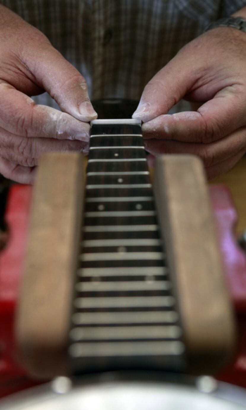Morris worked on an instrument recently in his workshop. He says they use premium and exotic...