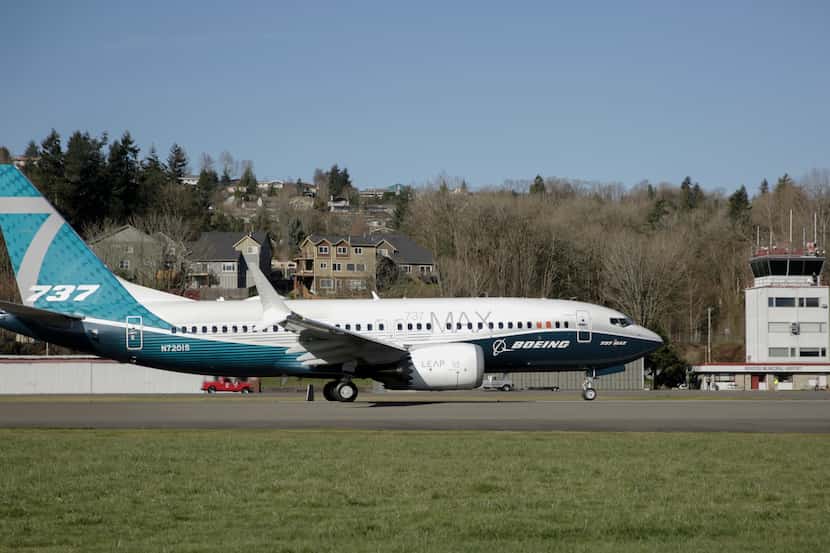 A Boeing 737 MAX 7 takes off on its first flight, Friday, March 16, 2018, in Renton, Wash....