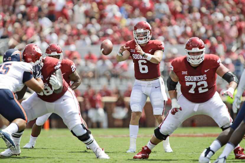 NORMAN, OK - SEPTEMBER 02: Quarterback Baker Mayfield #6 of the Oklahoma Sooners takes a...