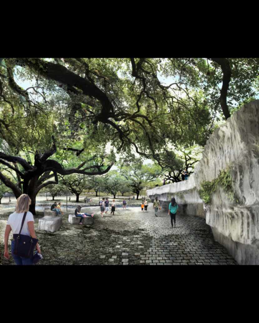 The artist's renderings show a serpentine ribbon of green linking four parks landscaped to...