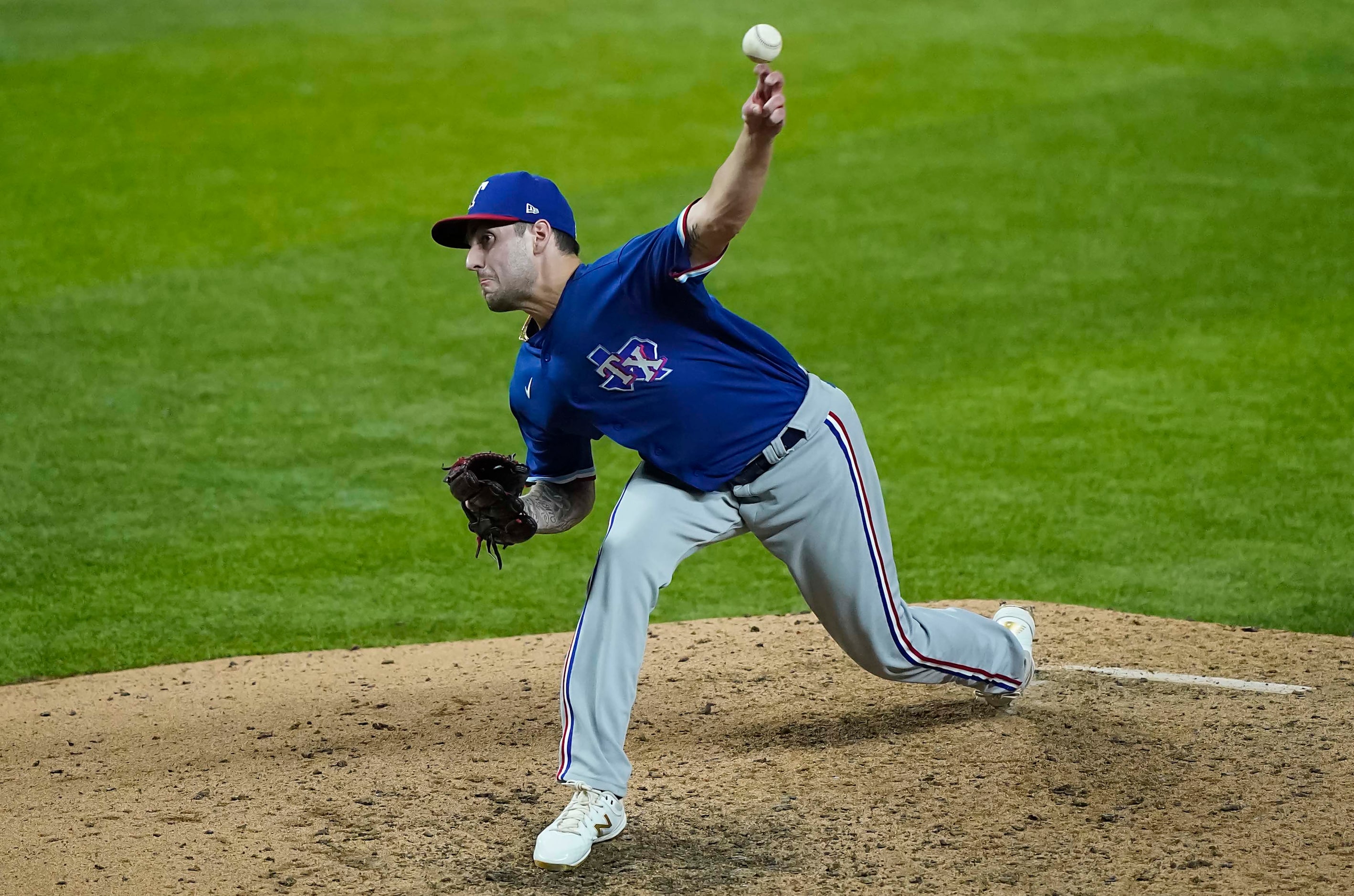 Joe Palumbo pitches during Texas Rangers Summer Camp at Globe Life Field on Thursday, July...