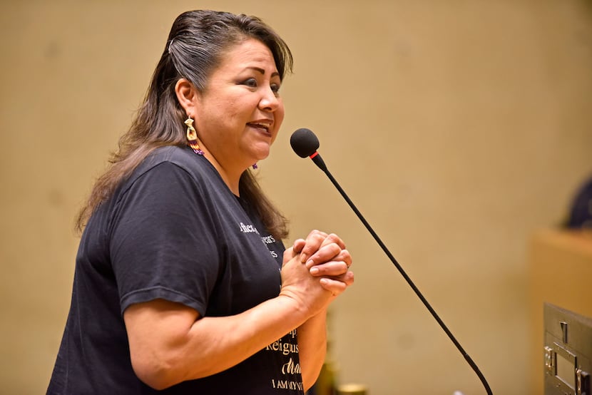 Yolonda Blue Horse of the Rosebud Sioux Tribe, shown at a Dallas City Council meeting last...