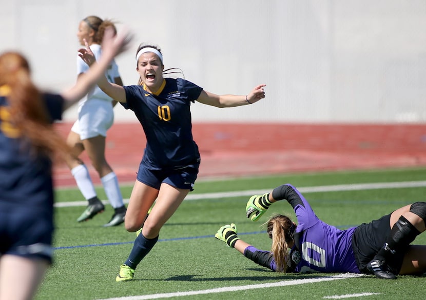 Highland Parks Presley Echols, celebrates her first goal, against Mansfield Lake Ridges...