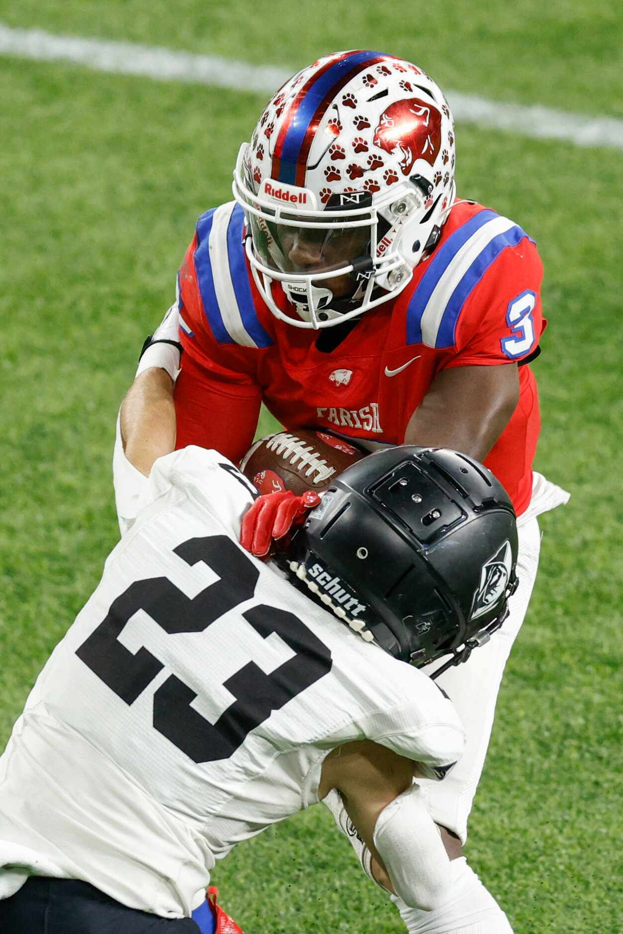 Parish Episcopal running back Cedric Mays II (3) brushes off a tackle attempt from Bishop...