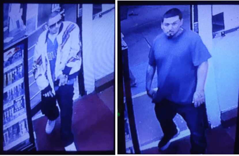 Dallas police released two still images taken from surveillance video of two men they say...