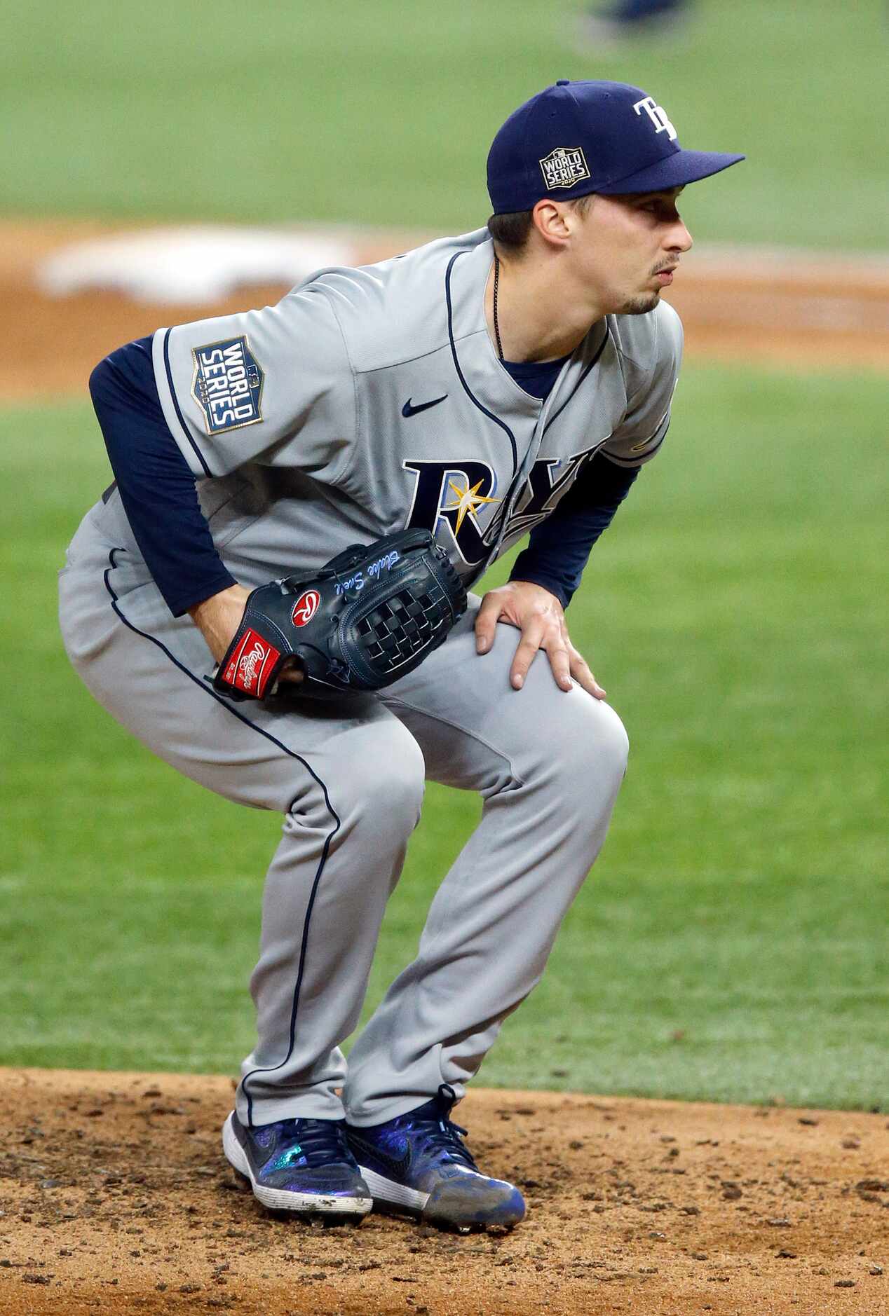 Tampa Bay Rays starting pitcher Blake Snell (4) reacts to a called ball during the fifth...