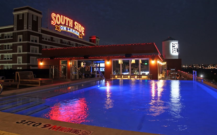 The view of the South Side on Lamar building from the bar and pool area at the Nylo Hotel on...