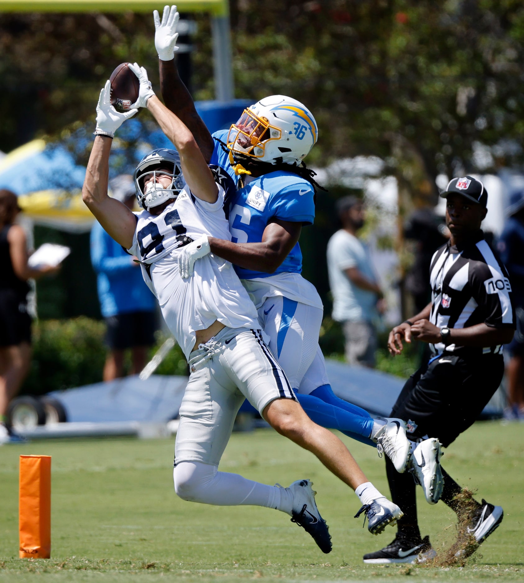 Los Angeles Chargers cornerback Ja'Sir Taylor (36) knocks the ball away from Dallas Cowboys...