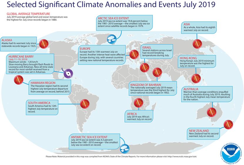 This map shows climate anomalies worldwide during July 2019.