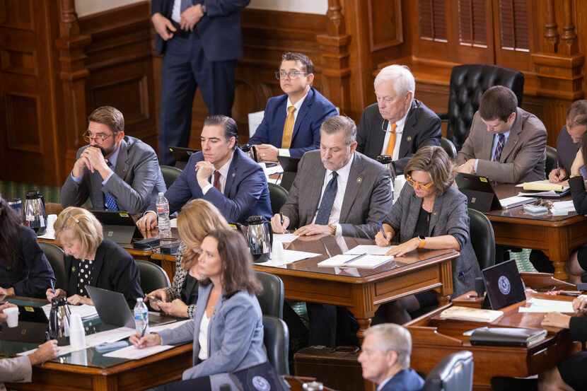 House Impeachment mangers listen to the ballots be counted after Texas senators voted on...