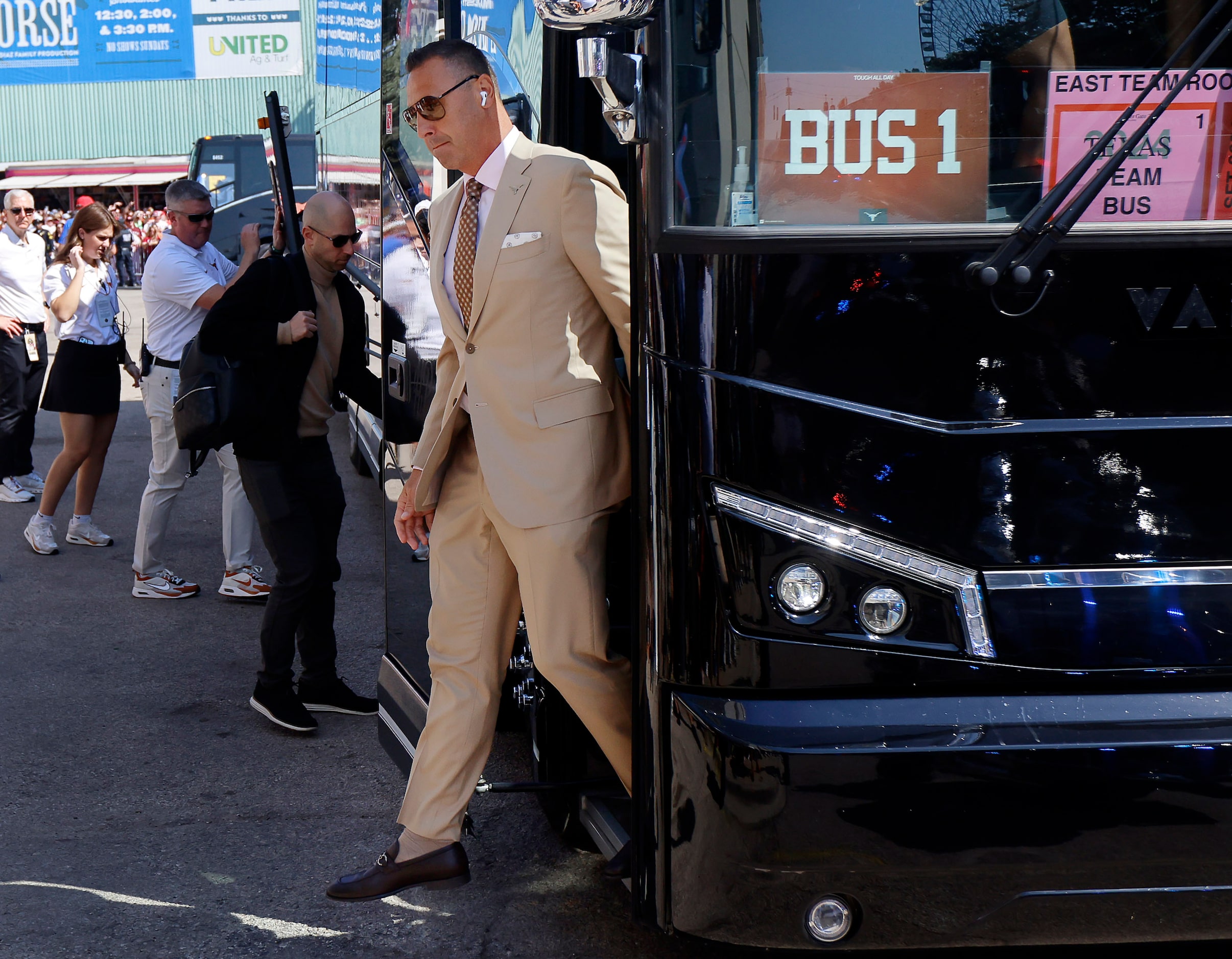 Texas Longhorns head coach Steve Sarkisian  arrives for the Red River Rivalry outside the...