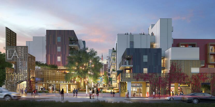 Artists' renderings of LA Plaza Village, a mixed-use development in Los Angeles, CA. ...