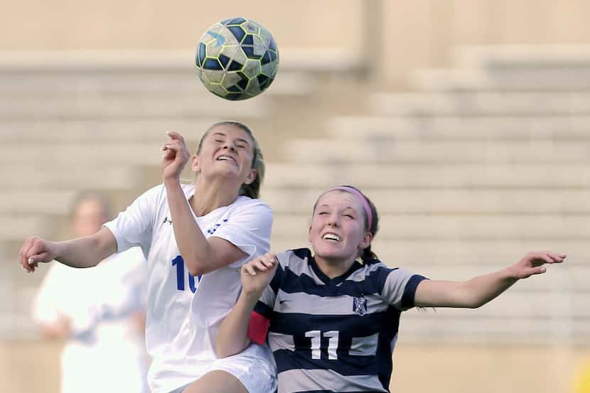 Frisco sophomore Alli McDougal (10) and Wylie East senior Maddi Sims (11) battle for the...
