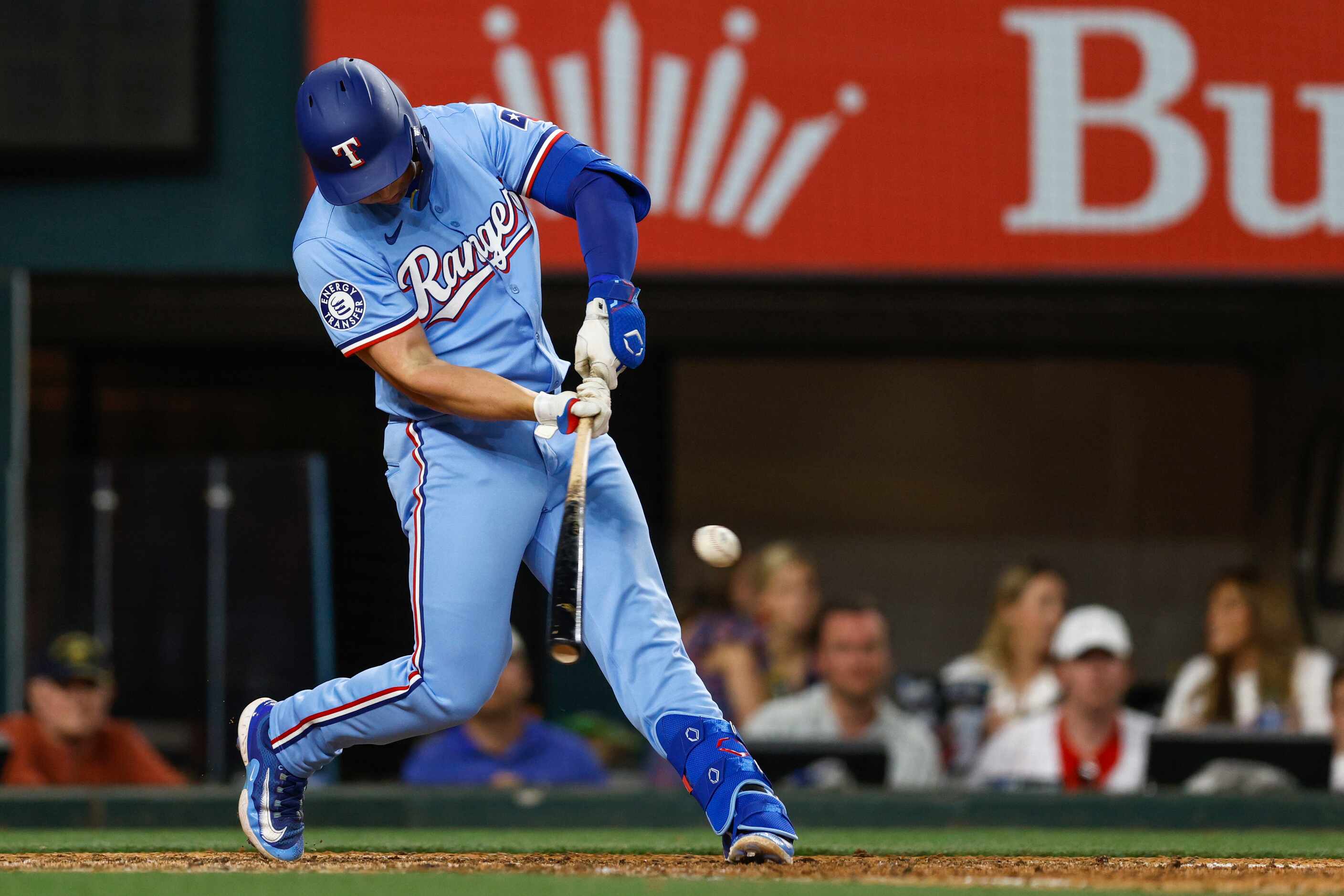 Texas Rangers pinch hitter Justin Foscue (56) singles to center to record his first career...