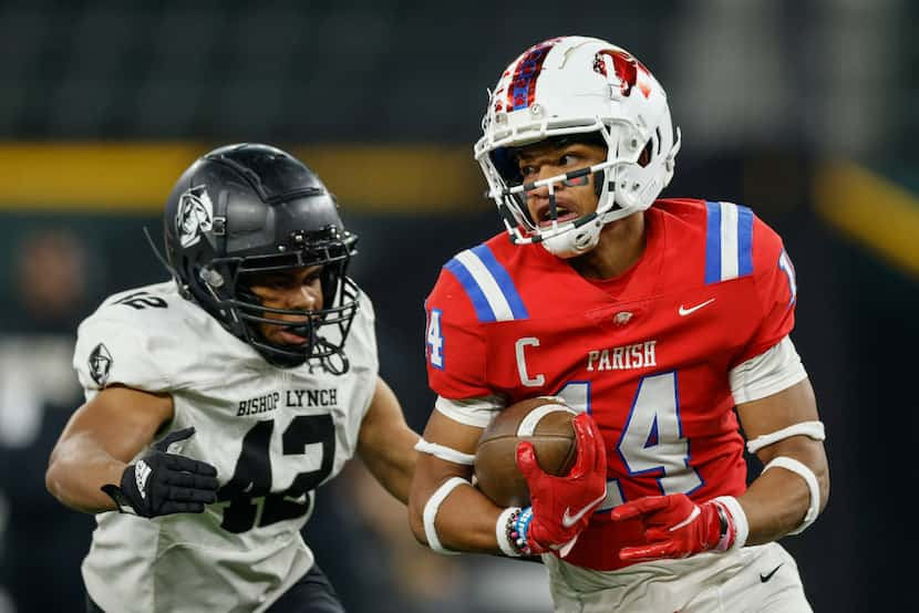 Bishop Lynch's Chime Nwanyanwu (42) pursues Parish Episcopal wide receiver Daniel Demery...