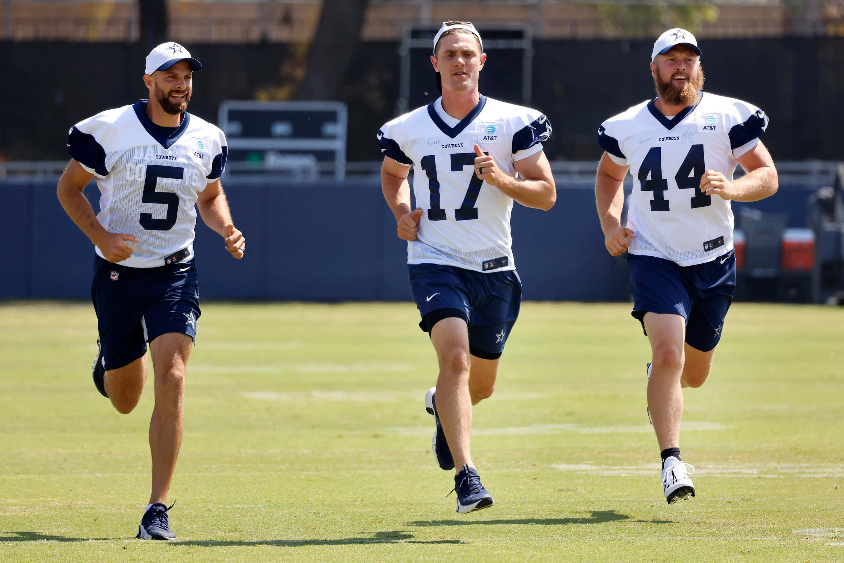 Dallas Cowboys punter/kick holder Bryan Anger (5), kicker Brandon Aubrey (17) and long...