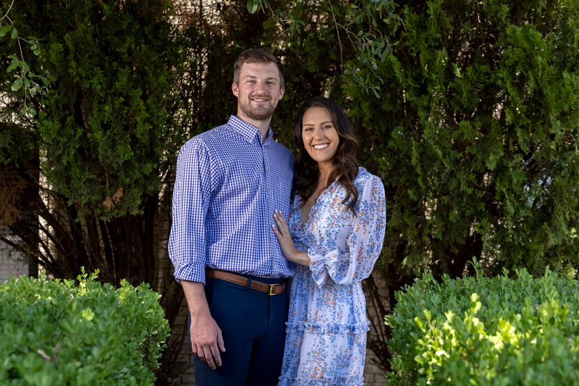 Ian Root and his fiancé Hannah Farag outside their home in Dallas.