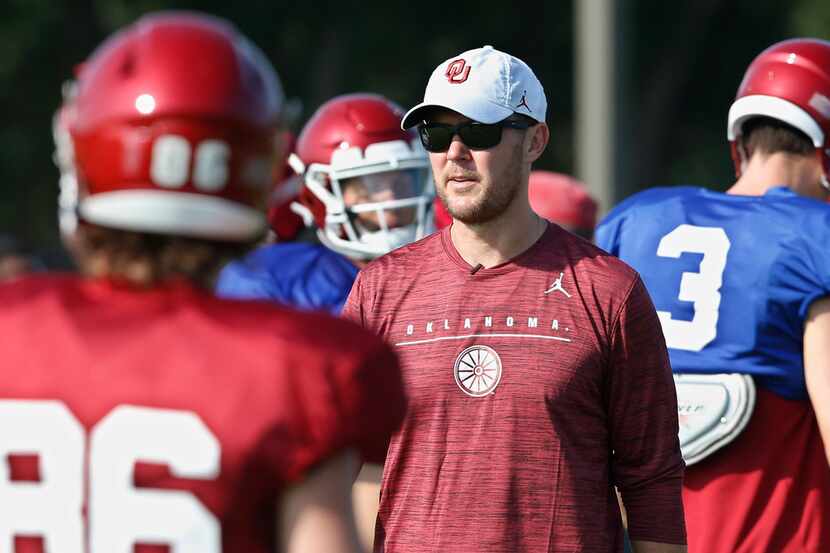 Oklahoma head coach Lincoln Riley during an NCAA college football practice in Norman, Okla.,...