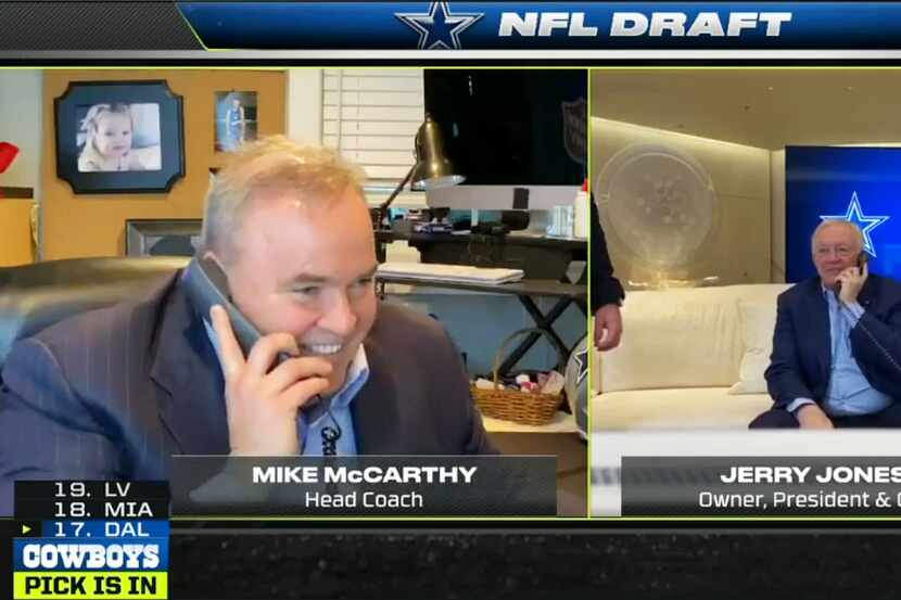 Screen capture Dallas Cowboys head coach Mike McCarthy (left) and Dallas Cowboys owner and...