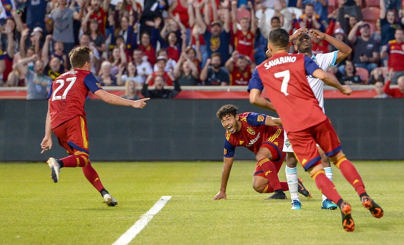 Real Salt Lake forward Corey Baird (27) celebrates his goal against the Seattle Sounders...