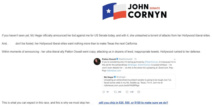 Cornyn campaign fundraising email sent April 23, 2019, seeking to drum up donations by using...