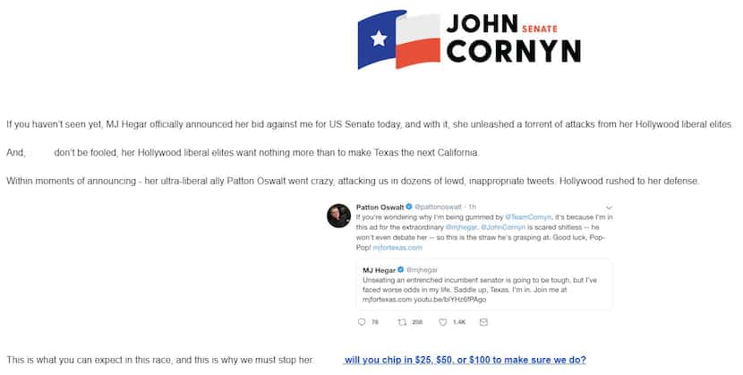 Cornyn campaign fundraising email sent April 23, 2019, seeking to drum up donations by using...