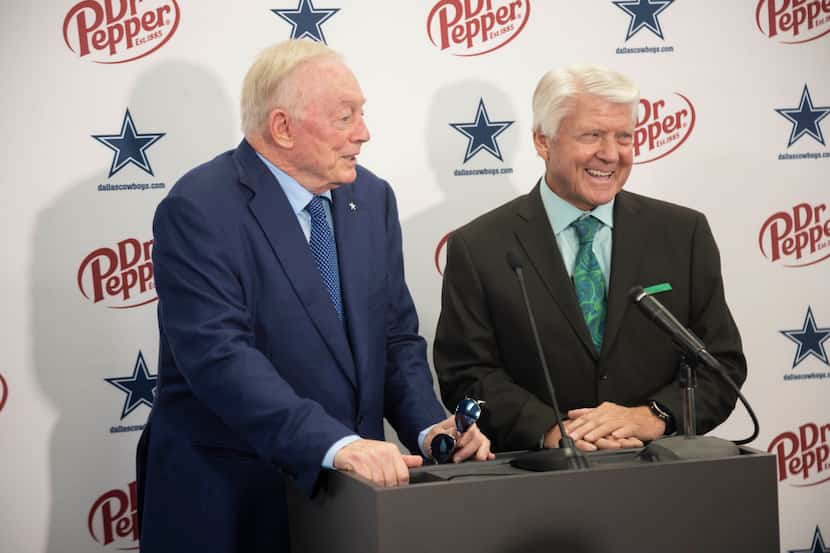 Dallas Cowboys owner Jerry Jones and Pro Football Hall of Fame coach Jimmy Johnson speak...