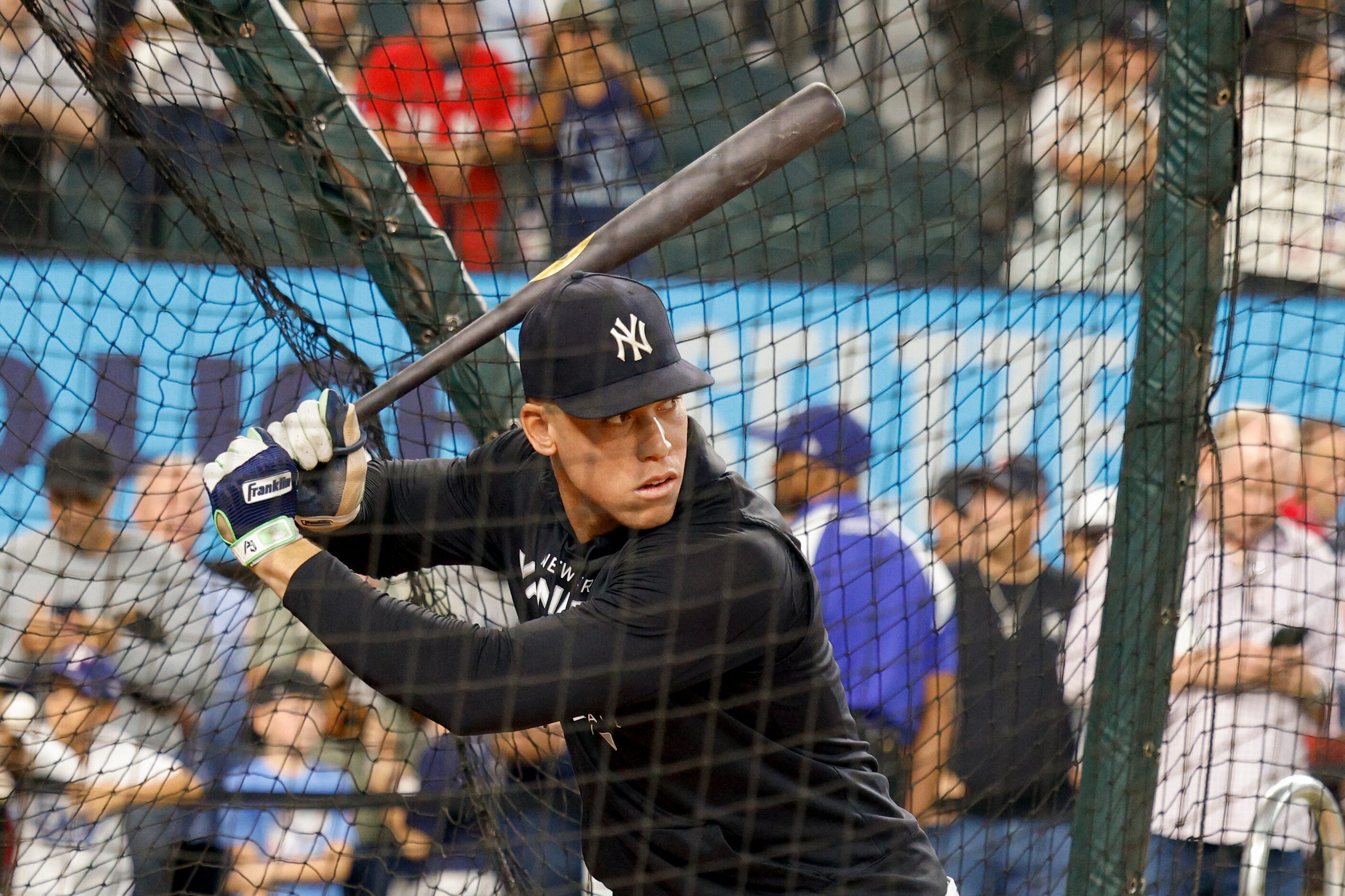 New York Yankees right fielder Aaron Judge (99) takes batting practice before a MLB game...