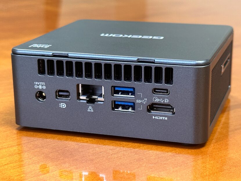 The Geekom Mini PC measures 4.6 inches by 4.4 inches by 1.79 inches. 