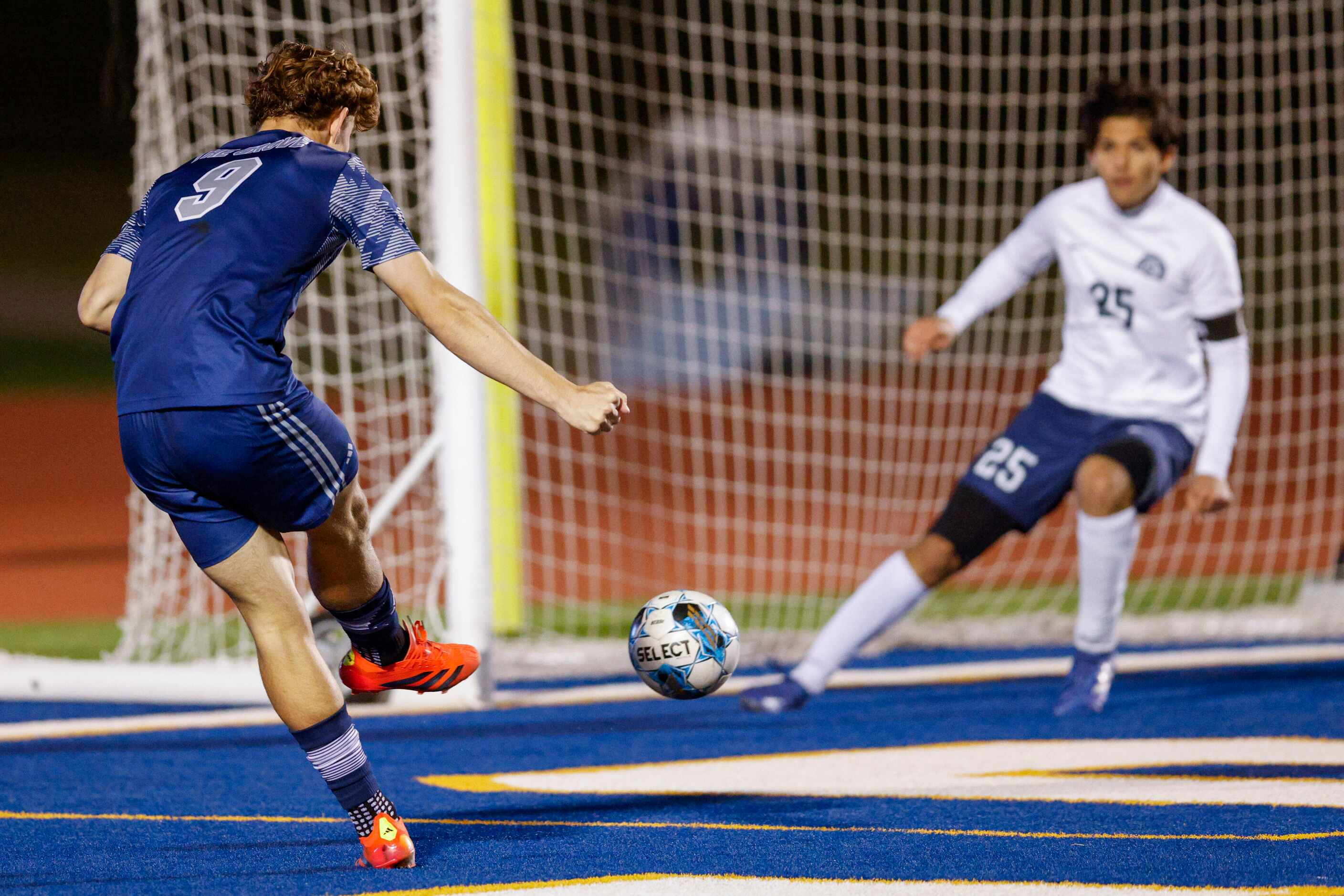 Prosper Walnut Grove forward Ryan Anderson (9) shoots the ball towards goal during the...