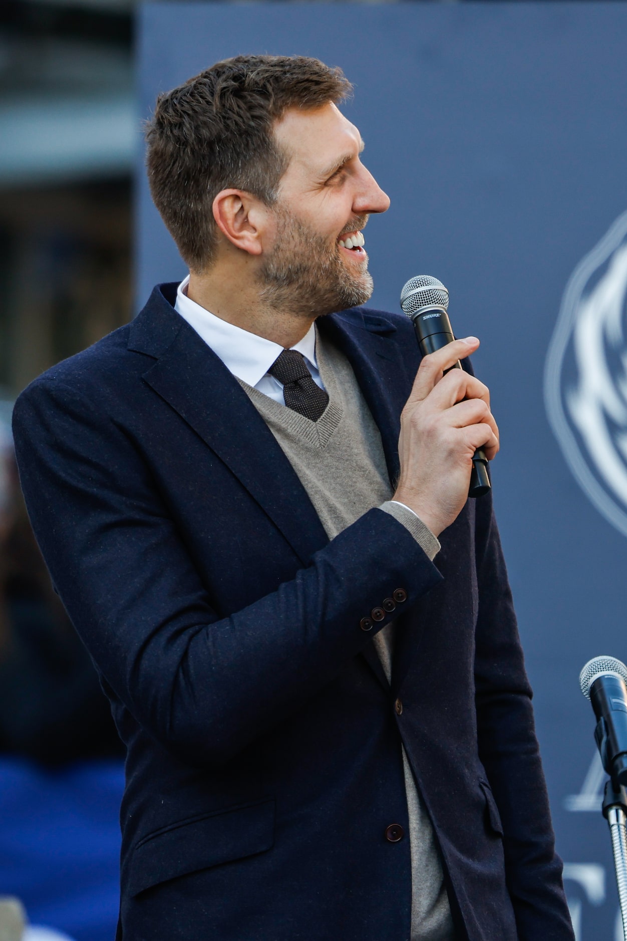 Dirk Nowitzki, former Dallas Mavericks player, speaks during the Christmas Day ceremony...