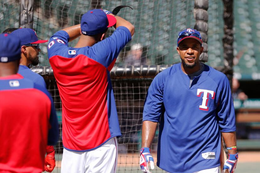 Texas Rangers shortstop Elvis Andrus (1) finishes with batting practice before a game...