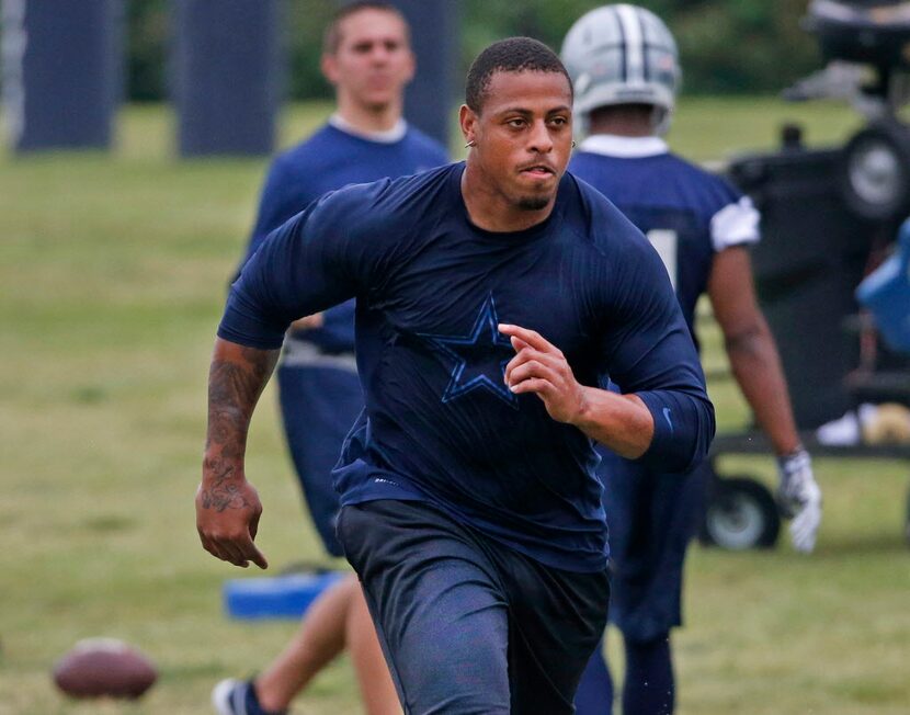 Dallas Cowboys defensive lineman Greg Hardy is pictured working out during the Dallas...