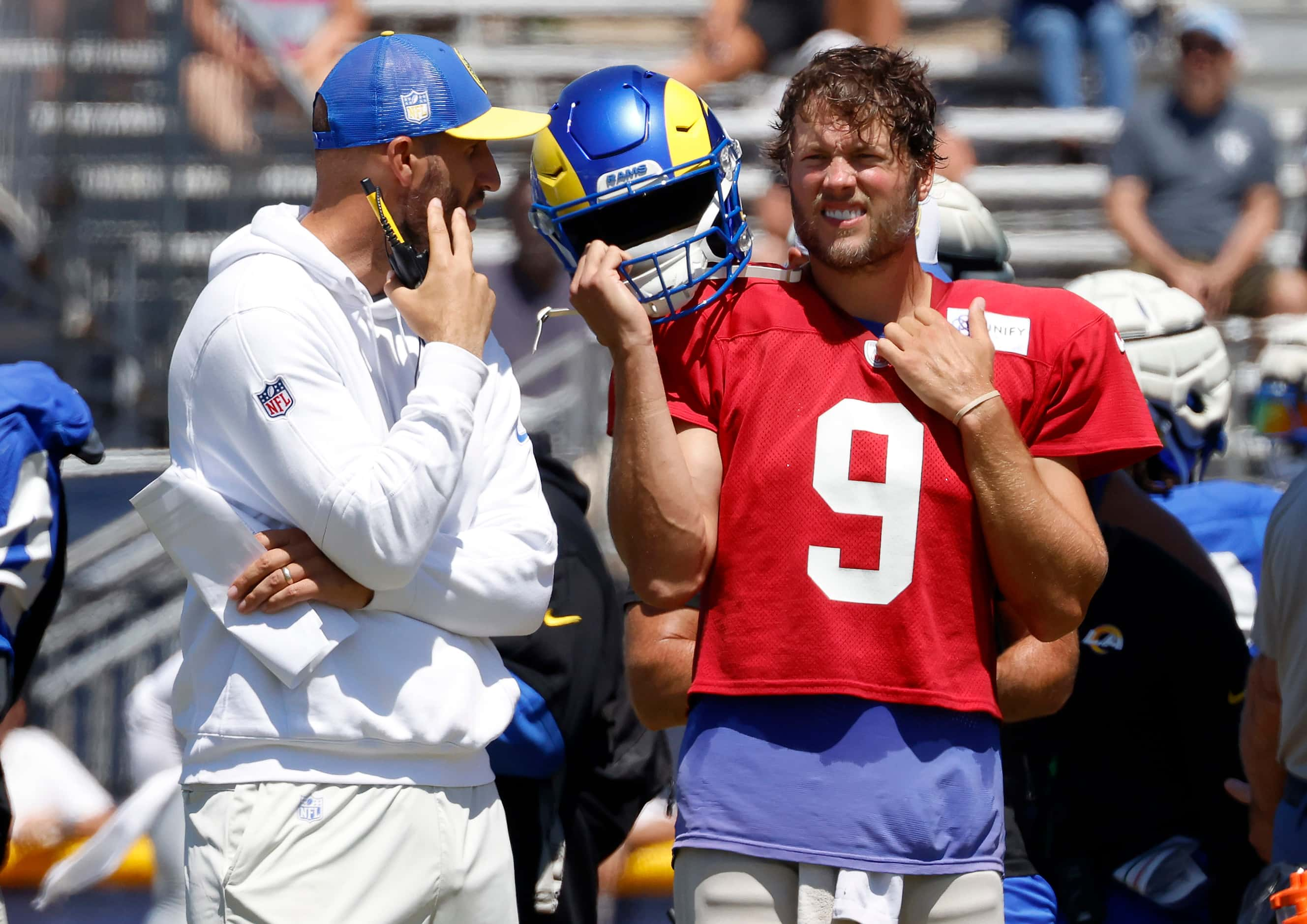 Los Angeles Rams quarterback Matthew Stafford (9) of Highland Park listens to quarterbacks...