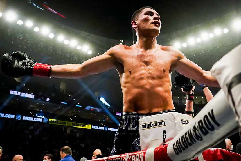 Vergil Ortiz Jr. celebrates after knocking out Maurice Hooker in the seventh round for the...