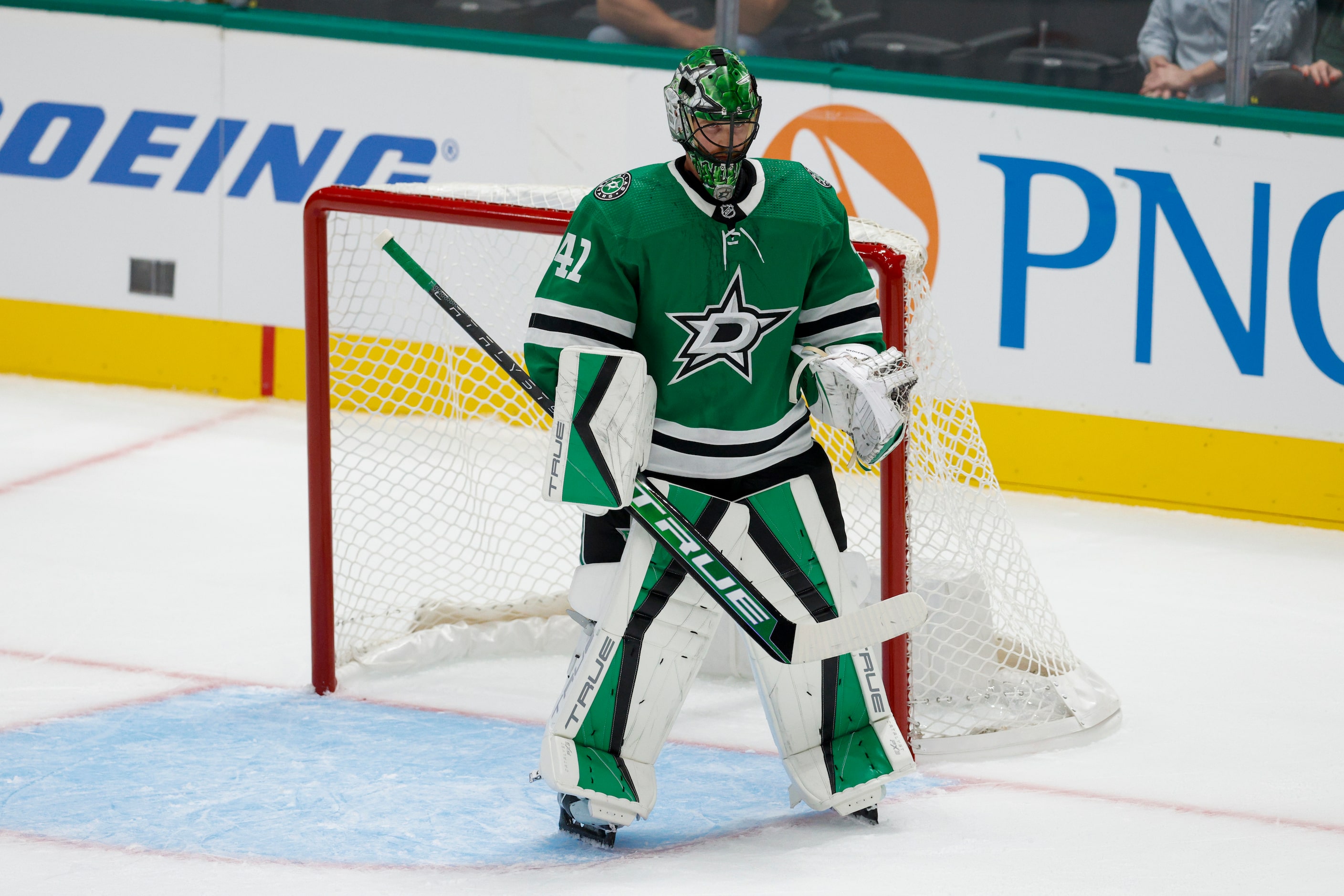 Dallas Stars goaltender Scott Wedgewood (41) stands in the crease during the first period of...