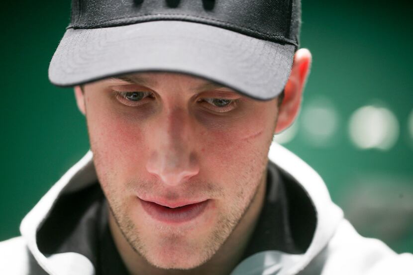 Dallas Stars defender Taylor Fedun goes over film with The Dallas Morning News writer Matt...