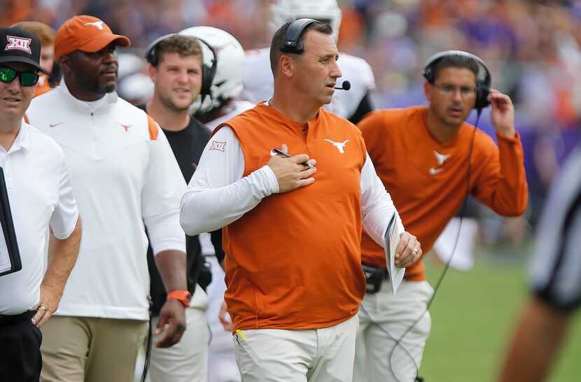 Texas Longhorns head coach Stephen Sarkisian reacts to a failure to reach the end zone...