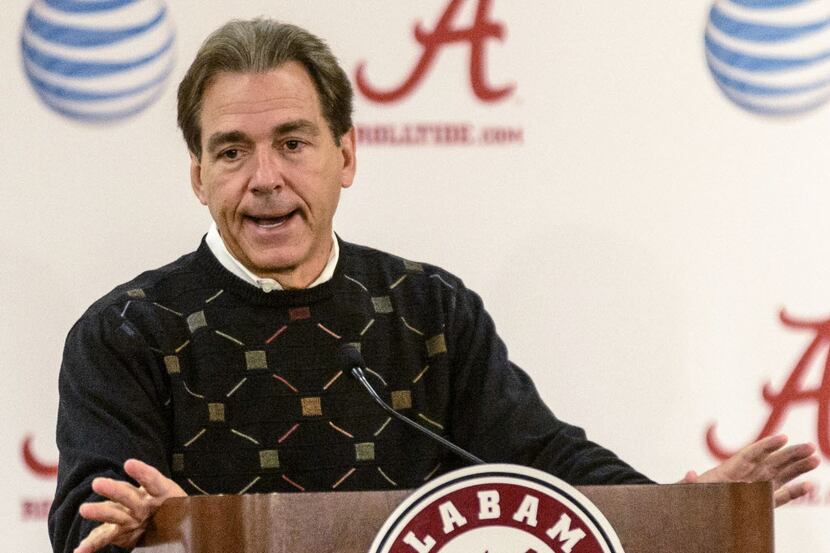 Alabama Coach Nick Saban speaks during his Monday Game-Week press conference, rehashing the...