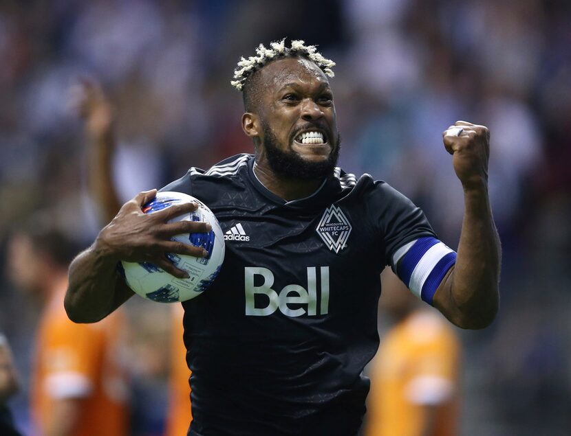 Vancouver Whitecaps defender Kendall Watson celebrates his goal against the Houston Dynamo...