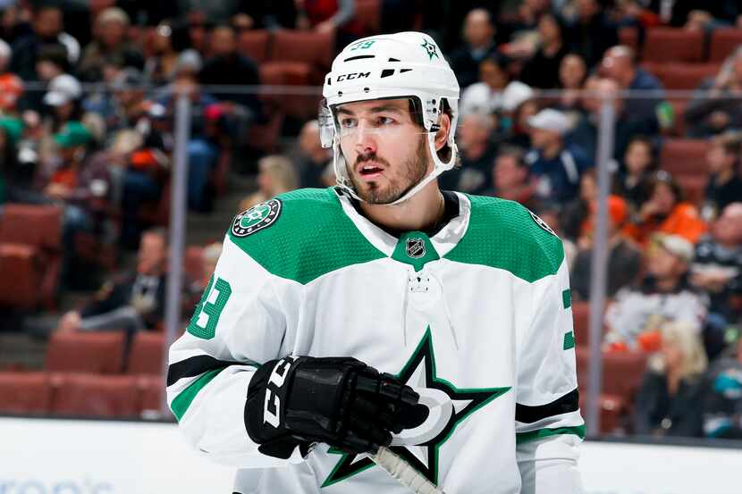 ANAHEIM, CA - DECEMBER 12: Joel Hanley #39 of the Dallas Stars waits for play to resume...