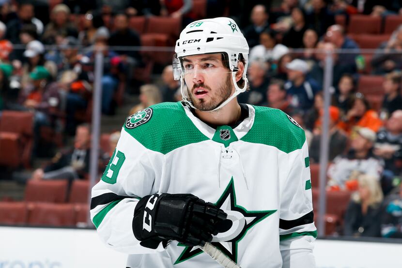 Joel Hanley #39 of the Dallas Stars waits for play to resume during the first period of the...