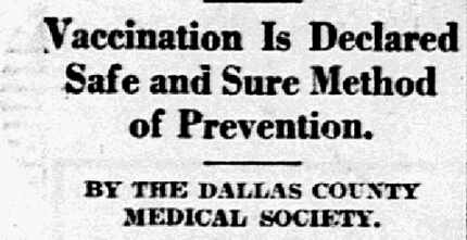 Headline from March 7, 1926, declaring vaccination as a safe and sure method to deter...